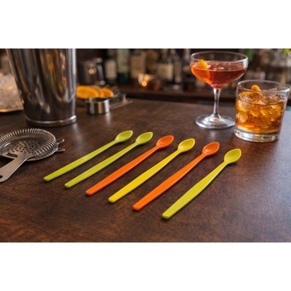 Vintage Neon Plastic Long Handle Spoons‎ Set of 6 Iced Tea Parfait MCM Retro 8"